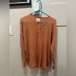 Offline Aerie Size S Waffle Henley Top Relaxed Oversize Burnt Orange Long Sleeve
